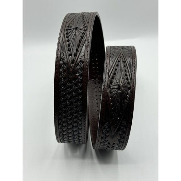 Allison Daniel Designs Brown Tooled Leather Belt Black Brown Geode Buckle Sz 36 - Picture 3 of 8